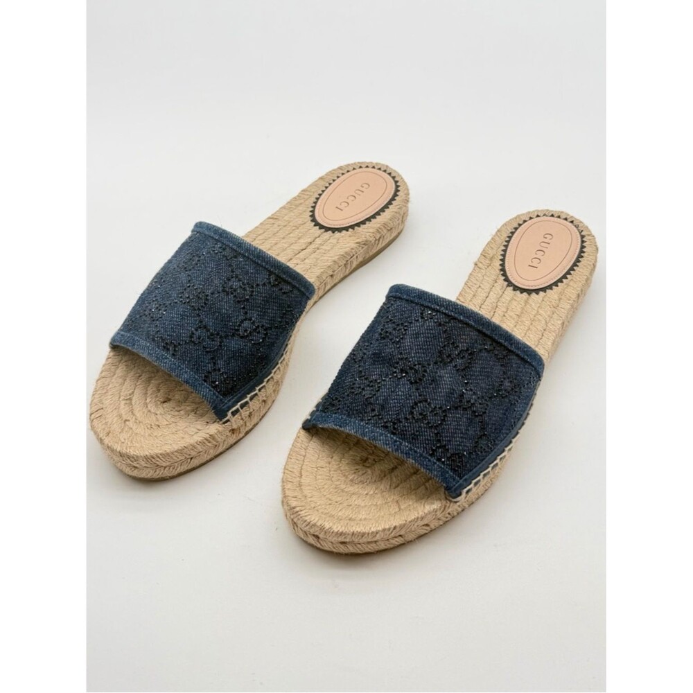 Gucci Pilar GG Crystal Denim Monogram Espadrille Flat Sandals Slides EU 39 US 9